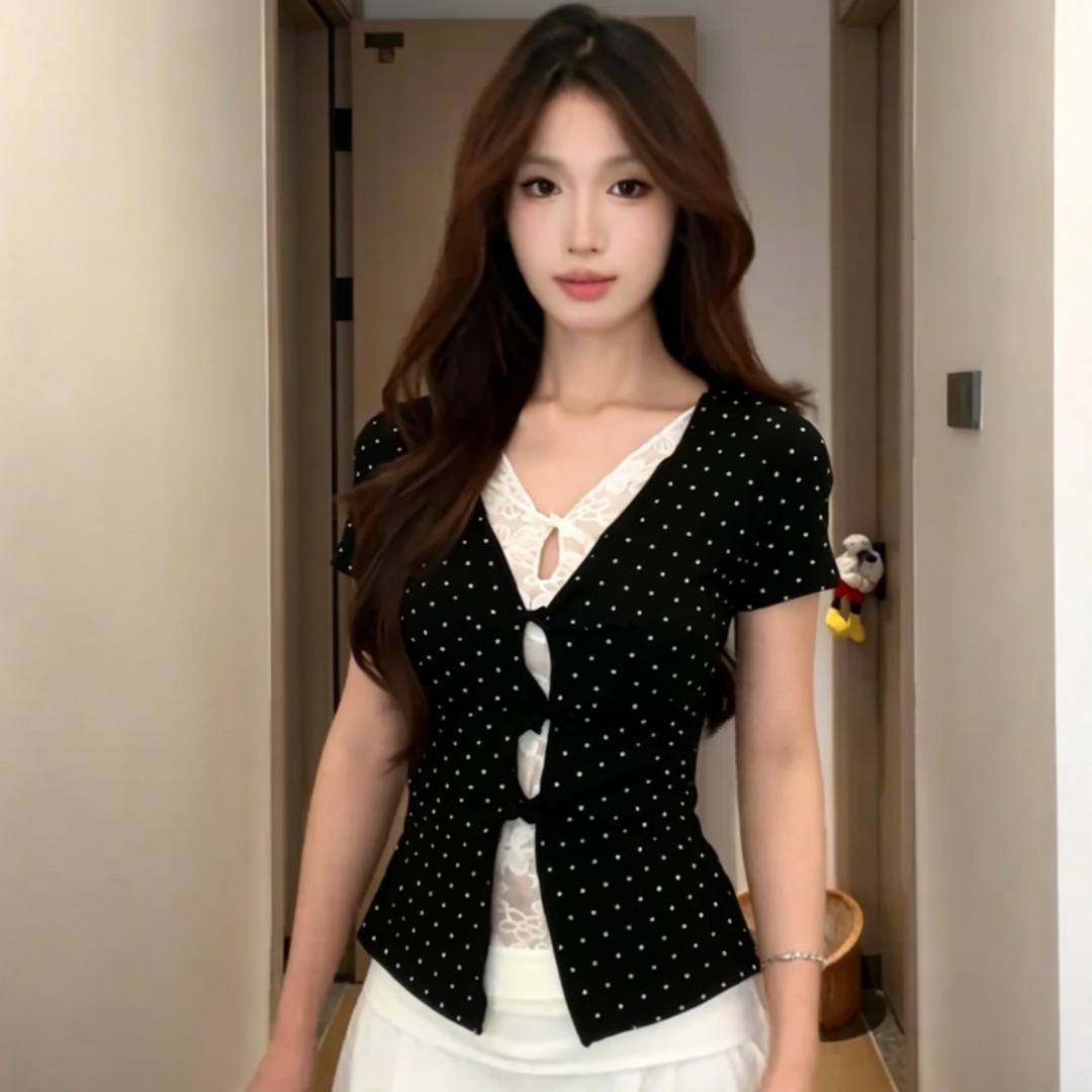 빅 사이즈 지방 mm 달콤한 매운맛 바람 페이크 레이어드 반팔 도트 무늬 맨위 여성 봄 여름 레이스 조각 비틀림 슬림해 보이는 세트