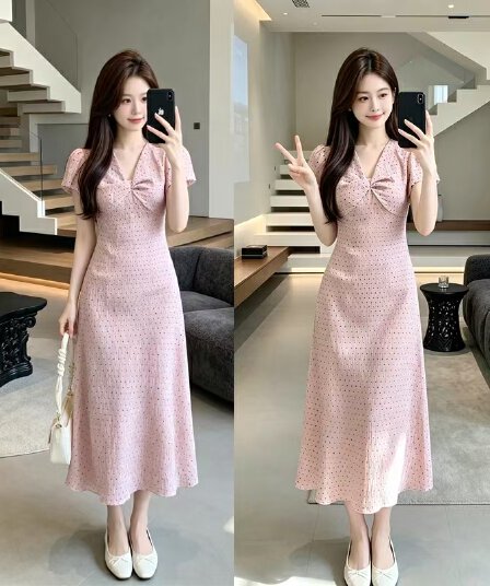 빅 사이즈 여름 프랑스식 핑크색 도트 무늬 슬림해 보이는 드레스 단순한 관대 한 나비 매듭 질감 센스 디자인 섹션 롱 스커트