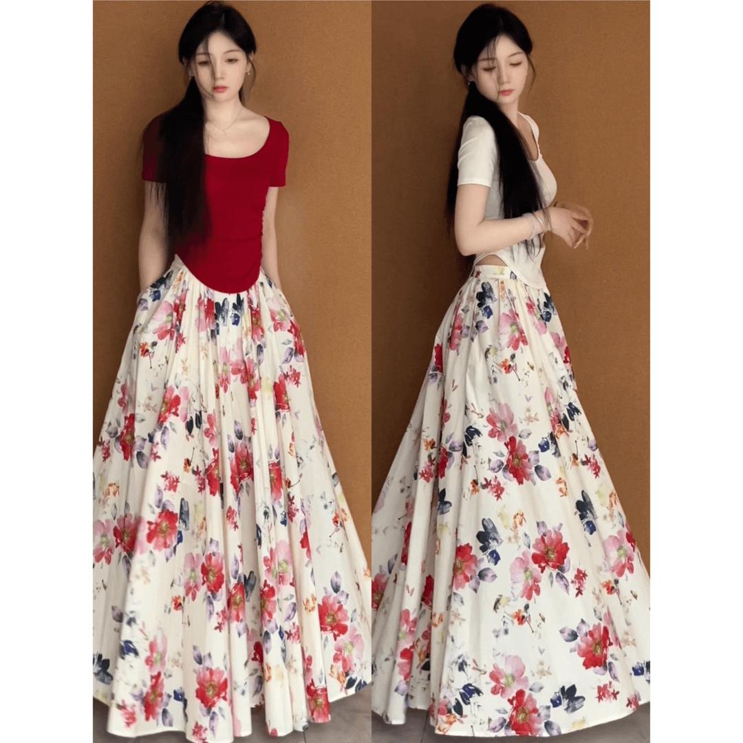 여름 새로운 한 부서 레트로 스타일 티셔츠 경기 꽃무늬 반신 치마 세트 여성 밖으로 조각 아름다운 옷 외국 가스