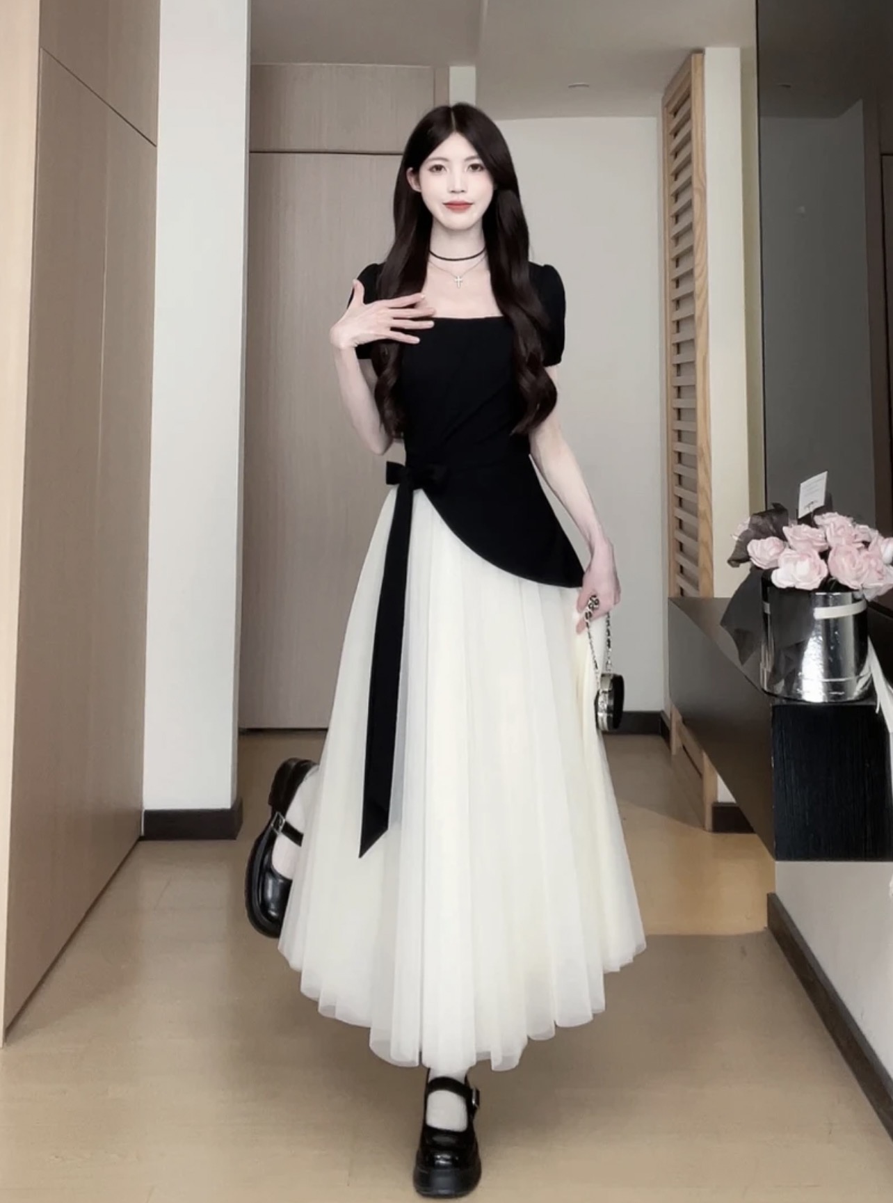 빅 사이즈 여름 배색 주름 허리 수축 디자인 센스 품격 드레스