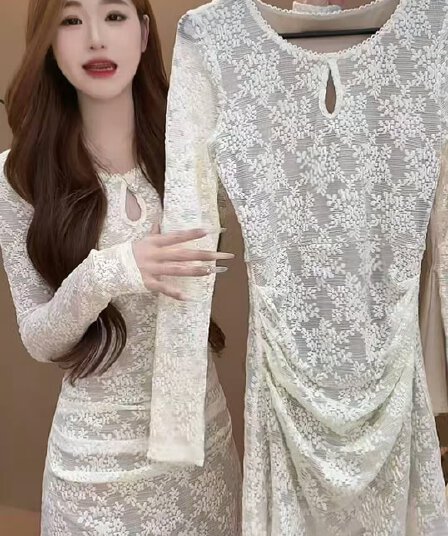 빅 사이즈 프랑스식 레이스 긴팔 순수한 욕망 허리 수축 주름 슬림해 보이는 품격 한 마디 여성 드레스 중간 길이