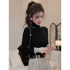 批发秋冬款设计感气质显瘦百搭纯色修身T恤打底衫