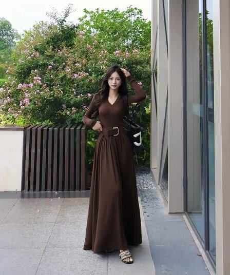 벨트 보내기 빅 사이즈 프랑스식 V넥 큰 진자 이른 가을 드레스 하이웨이스트 몸매 가꾸기 다용도 롱 스커트 허리 수축 A라인 스커트