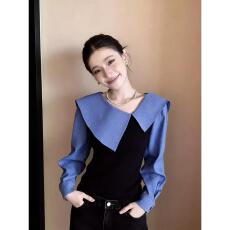 批发复古撞色条纹翻领长袖衬衫女<b class='q'>春</b>季新款不规则独特修身显瘦外穿上衣