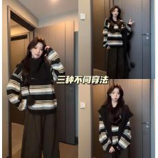 批发大码~【配围巾】秋冬韩系慵懒风显瘦百搭条纹披肩针织开衫毛衣