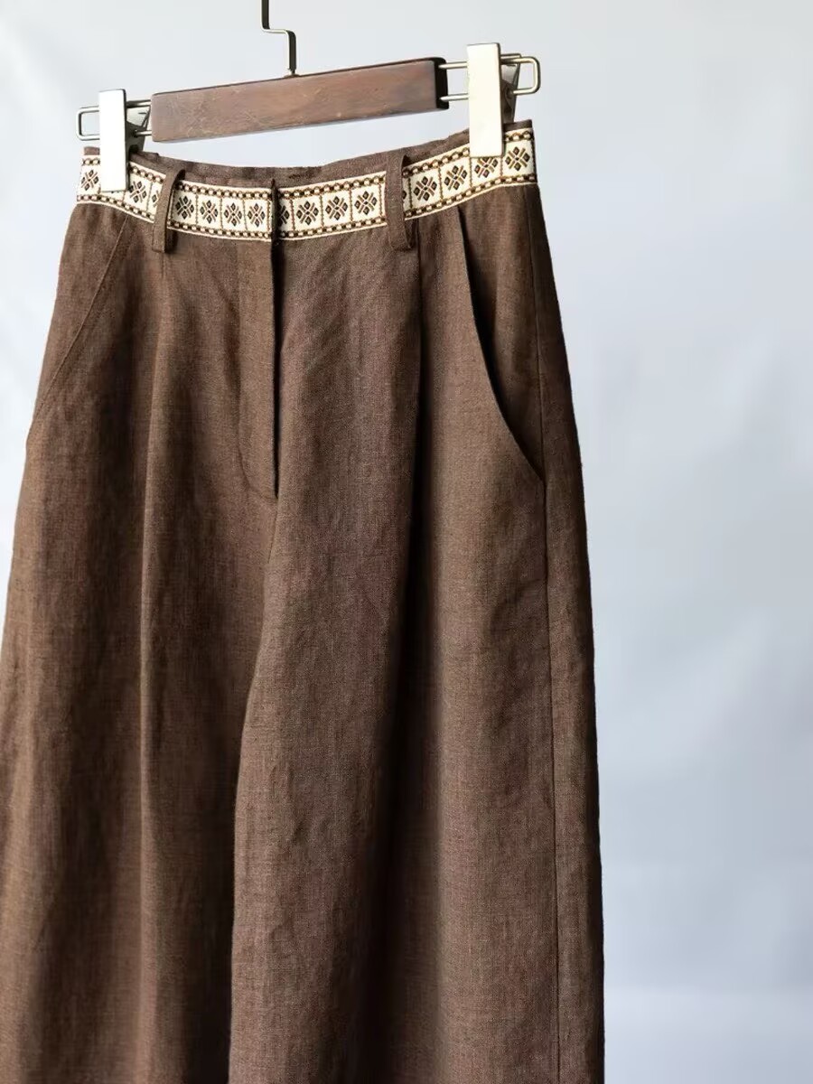 올해 인기 커피 색상 자카드 캐주얼 와이드 레깅스 바지 봄 새로운 품격 레트로 하이웨이스트 슬림해 보이는 벽오동 바지