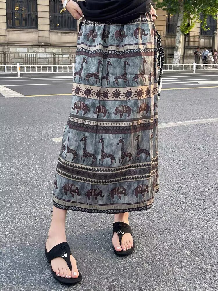 2026 봄 여름 새로운 밴딩 하이웨이스트 유럽 상품 다용도 복잡한 고대 돈 민족 스타일 아세트산 아기 코끼리 반신 스커트 아이들