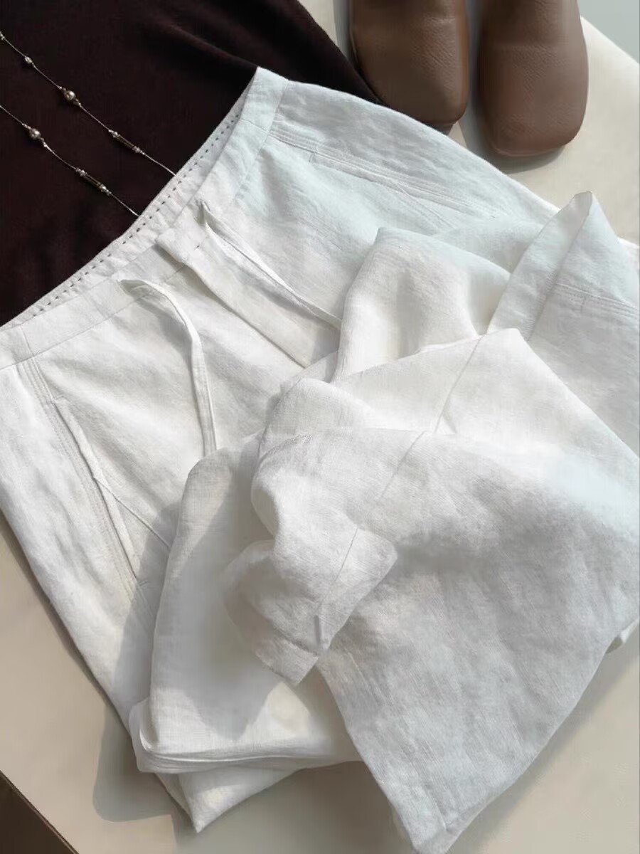 원본 품질 화이트 펌프 로프 아마 바지 여성 봄 2026 새로운 수공 헤집다 바늘 하이웨이스트 도루 센스 스트레이트 팬츠