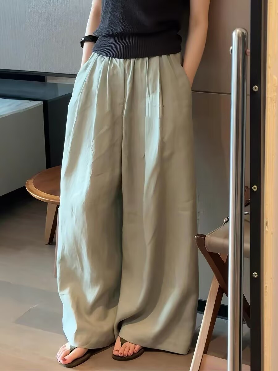 일본식 오래된 돈 바람 느긋한 캐주얼 바지 2026 여름 새로운 허리밴드 주간 실크 아마 루즈핏 도루 센스 와이드 레그 팬츠