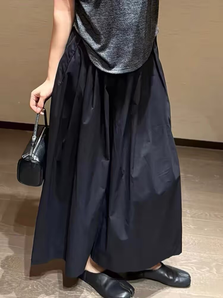 암소 x 물품 자이언트 버스트 검정색 종이 사람들 속도 건조한 캐주얼 바지 여성 여름 디자인 센스 얇은 스타일 플리츠 와이드 레그 팬츠