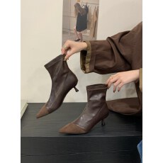 批发2025新款秋冬新绒面短靴时尚<b class='q'>简约</b>款细跟中跟气质百搭拼接瘦瘦靴