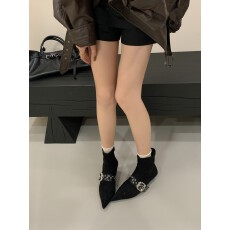 批发2025年新款百搭时尚短靴女尖头低跟<b class='q'>简约</b>气质扣子瘦瘦短靴