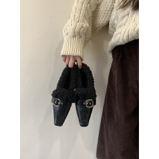 2025年新款冬季时尚气质尖头粗跟加绒保暖外穿毛毛鞋女