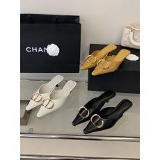 2026新款春夏尖头法式金属扣外穿低跟一脚蹬时尚通勤包头半拖鞋女