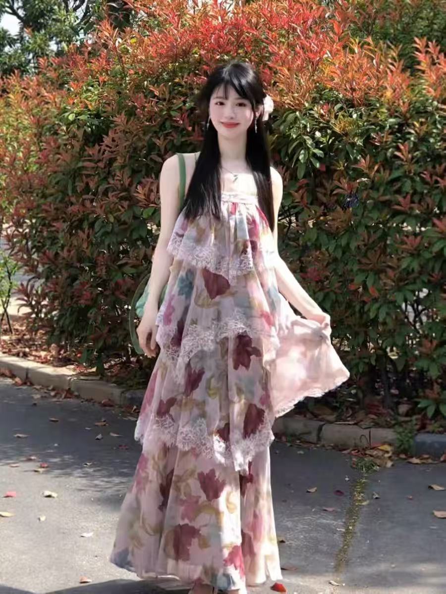 양 작은 볼륨 예술 건강 밝은 착용 가져 가라. 꽃무늬 레이스 슬립 여성 드레스 봄 여름 아름다운 케이크 드레스