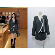 批发壹壹小众拼接设计时尚轻千金风西装半裙套装<b class='q'>蕾丝</b>飘带，