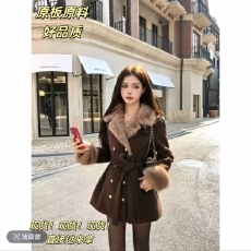 批发画解WAHJU古着秀场千金氛围感系带收腰双排扣毛呢外套