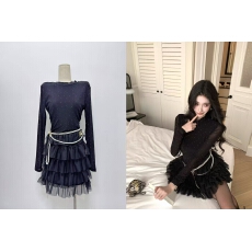 批发一字肩镶钻v领长袖黑色<b class='q'>T</b><b class='q'>恤</b>女纯欲风套装毛绒拼接半身裙两件套，