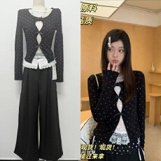 批发宋正恩1/12 韩系假两件镂空<b class='q'>蕾丝</b>打底衫女百搭长袖t恤上衣+裤子，