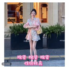 批发小雨姐姐条纹<b class='q'>塑</b>形条纹拼接收腰连衣裙修身显瘦气质长裙