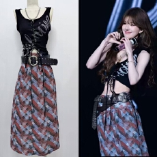 批发露思 格子宽松复古收腰时尚<b class='q'>长款</b>半身裙预+上衣