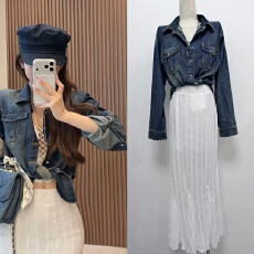 批发小雨姐姐<b class='q'>牛仔</b>森林休闲时尚交叉绑带<b class='q'>牛仔</b>衬衫女外套+裙子