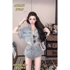批发MIDO家 2026夏季新款韩版时尚百搭宽松短袖牛仔衬衫+牛仔短裤套装