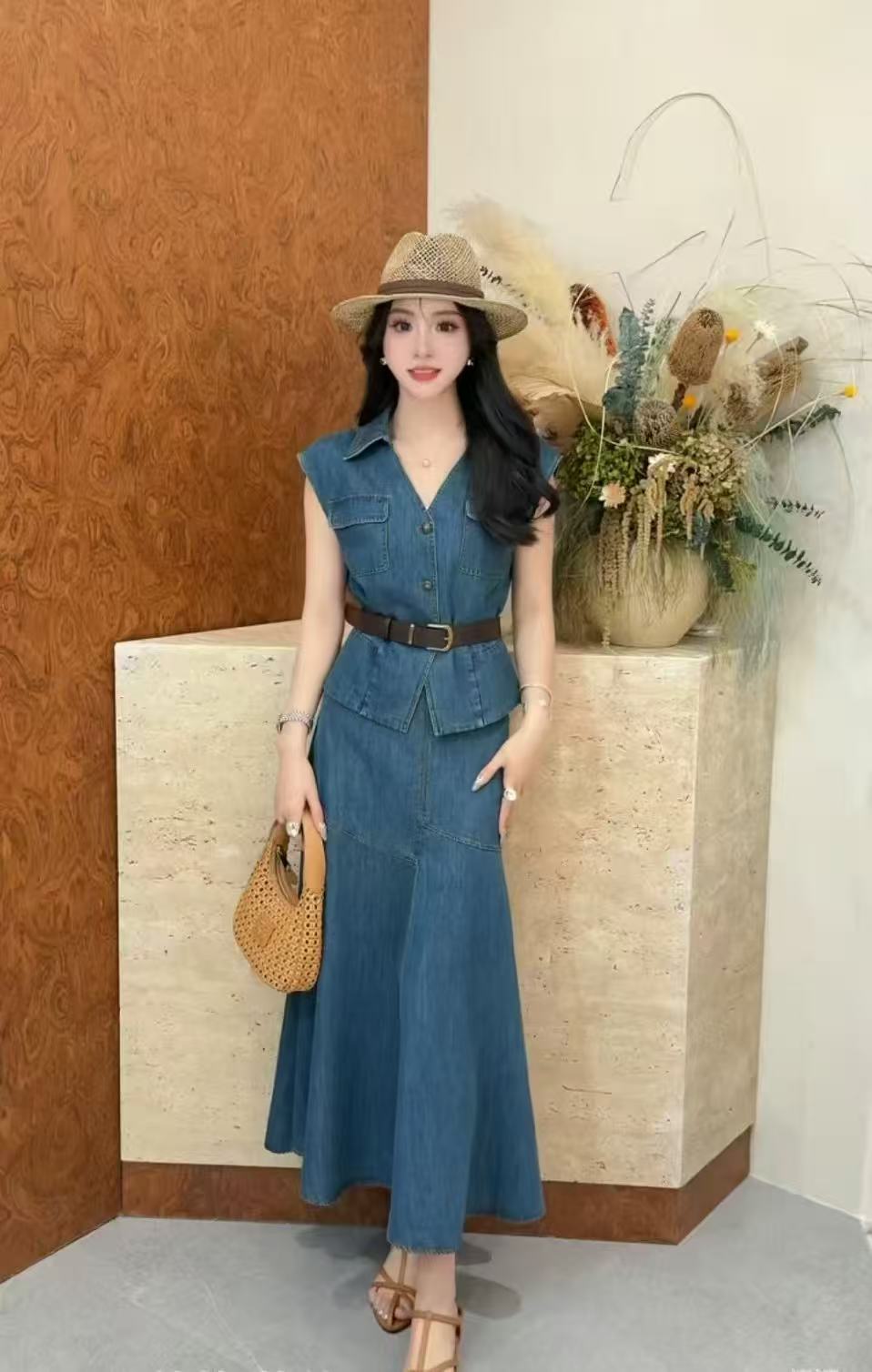 파란색 항구 바람 레트로 데님 세트 드레스 여성 여름 블루 좋은 도루 부드러운 미끄러짐 폴로 칼라 민소매 셔츠 발레 케이크 롱 스커트