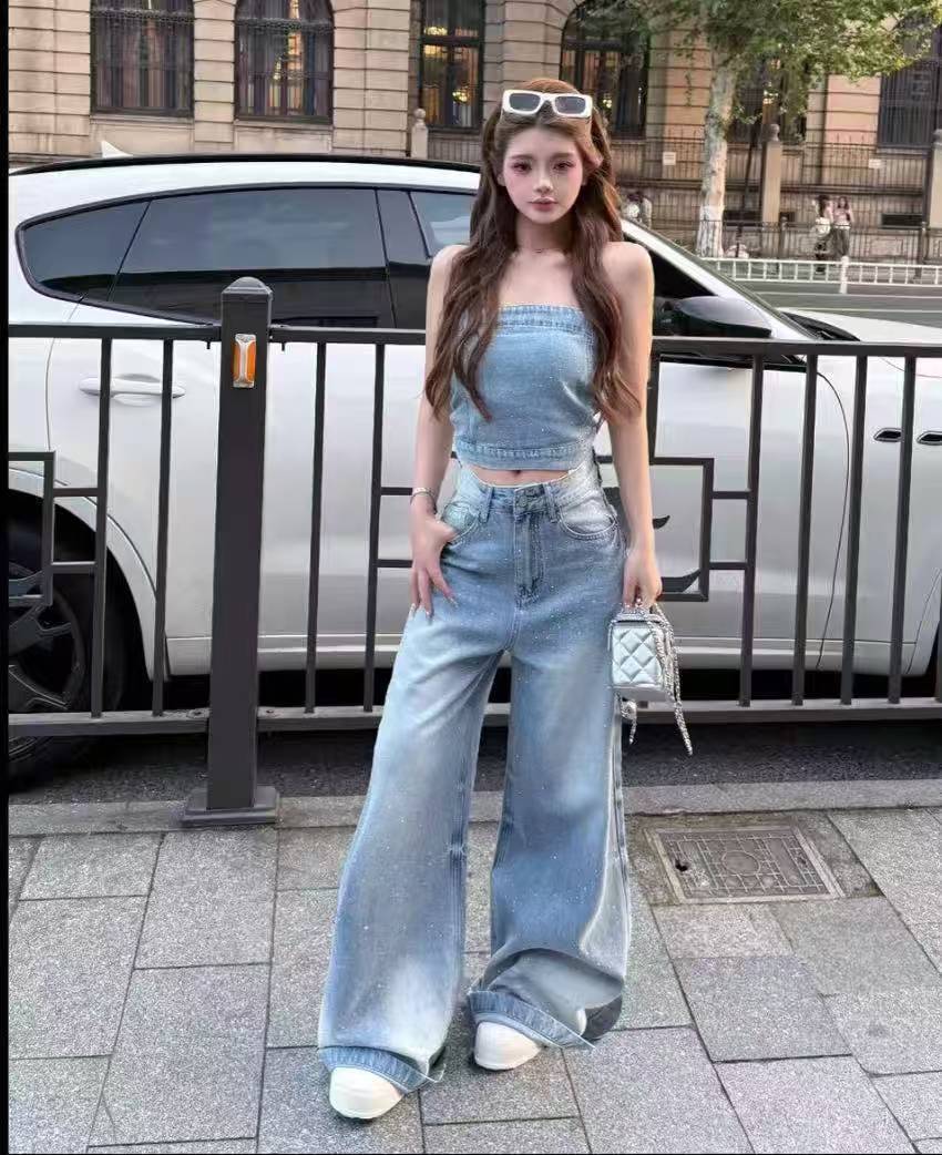 한국 스타일 한국 스타일 핫걸 디자인 센스 튜브탑 조끼 하이웨이스트 슬림해 보이는 폭발 플래시 넓은 다리 청바지