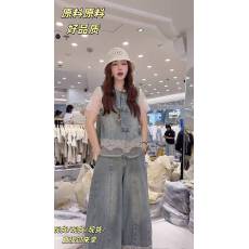 批发OH气质三件套开衫<b class='q'>牛仔</b>马甲常规腰阔腿裤蕾<b class='q'>丝</b>短袖套装,