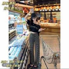 批发小雨姐姐条纹抽绳时尚抽绳休闲百搭条纹裤女垂感显瘦