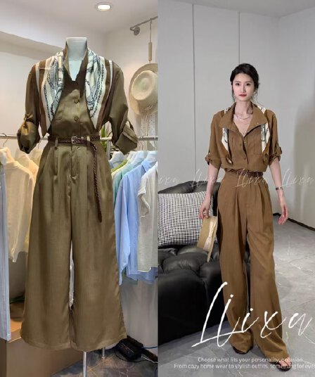 liixu 여름 오래된 돈 바람 캐주얼 품격 세트 캐주얼 셔츠 도루 센스 와이드 레그 팬츠 슬림해 보이는 출퇴근 전체 집합