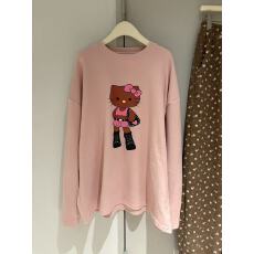 批发慵懒风粉色宽松减龄卡通猫咪印花加绒T恤搭印花小粒绒<b class='q'>休闲裤</b>套装