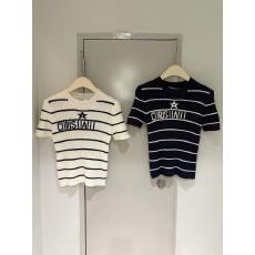 批发条纹短袖女早春新款圆领上衣星星字母提花修身显瘦针织衫