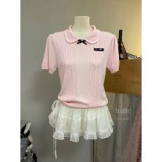 批发法式少女粉娃娃领T恤<b class='q'>针织</b>衫女夏季蝴蝶结麻花纹短袖上衣
