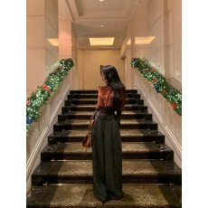 批发双排扣复古气质针织斗蓬披肩上衣女冬季时尚套装休闲阔腿裤两件套