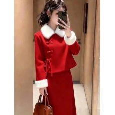 批发套装女2026新款<b class='q'>冬</b>装新中式国风翻领盘扣上衣高腰显瘦直筒半身裙