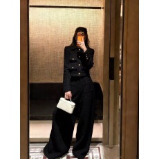 批发气质小香风黑色短款外套女秋<b class='q'>冬</b>季新款高级感宽松直筒长裤两件套装