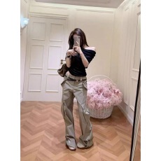 批发一整套ootd穿搭一整套简约设计感斜肩短袖上衣高腰复古工装直筒裤