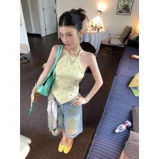 批发辣妹风纯欲显瘦独特设计感挂脖吊带背心女高腰显瘦牛仔短裤女套装