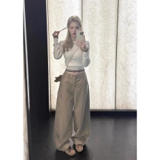 批发美拉德复古辣妹秋季圆领撞色长袖<b class='q'>针织</b>打底衫女宽松休闲阔腿裤长裤