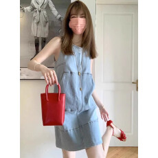 批发柔软水洗 法式复古大口袋无袖牛仔<b class='q'>连衣裙</b>夏季高级感气质宽松短裙
