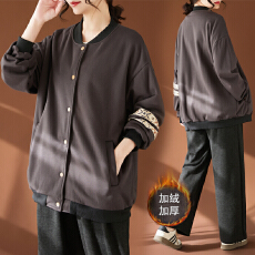 批发实拍 2025 大码女装 胖MM棉加绒加厚复古文艺创意袖带夹克外套