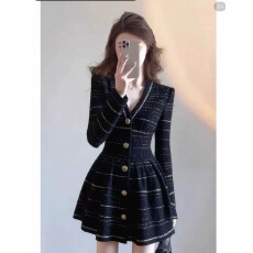 批发富家千金miu系穿搭年会礼服小香风黑色收腰粗花呢连衣<b class='q'>裙</b>子女秋冬