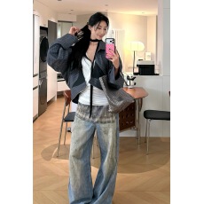 批发2026春3D立体裙摆印花街头复古做旧宽松<b class='q'>牛仔</b>裤长裤