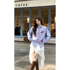 批发韩式重工轻奢钉珠撞色条纹衬衫时尚松弛感蓝色衬衫上衣