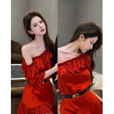 批发2026春夏新款纯欲真丝荷叶边不对称单肩<b class='q'>迷你裙</b>