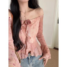 批发雾粉织韵扎染色晕艺术波点植绒<b class='q'>网纱</b>荷叶边一字肩上衣