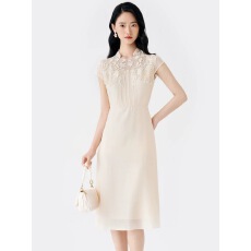 批发醋酸桑蚕丝BuouBuou2026夏季新品重工刺绣<b class='q'>钉珠</b>压褶轻礼服<b class='q'>连衣裙</b>女