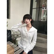 批发<b class='q'>秋</b>季花边设计感白衬衫女长袖绑带收腰上衣